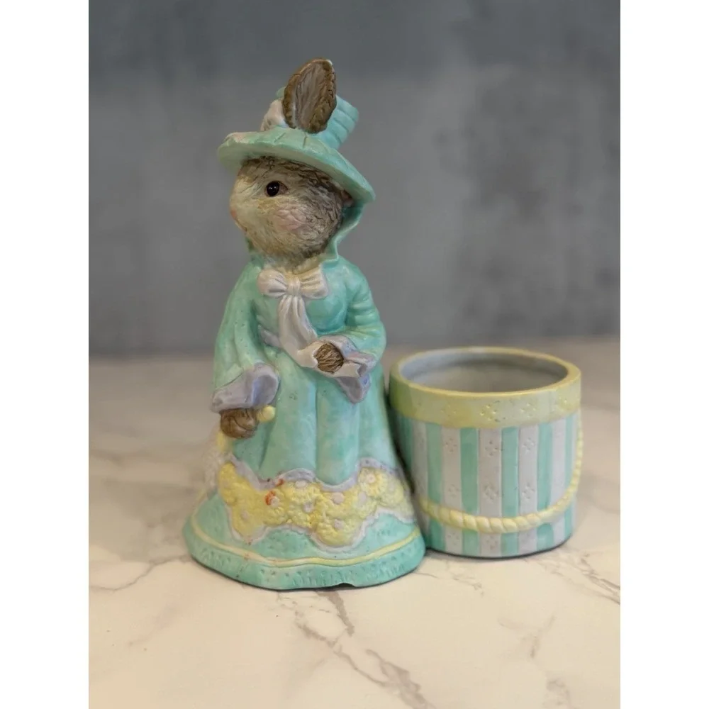 Vintage Easter Bunny Rabbit Lady Ceramic Pencil Holder Planter Pastel Aqua